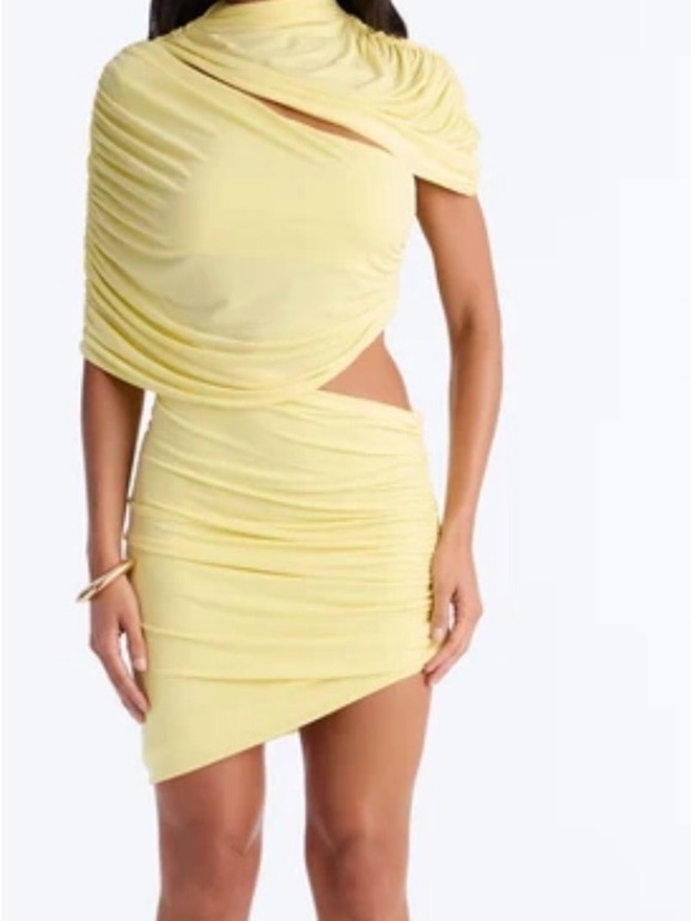Yellow Ruched One-Shoulder Cutout Mini Dress - Picture 1 of 2